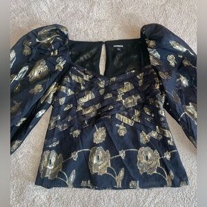 Express Black Top with Metallic Gold Floral Jacquard & Puff Sleeves